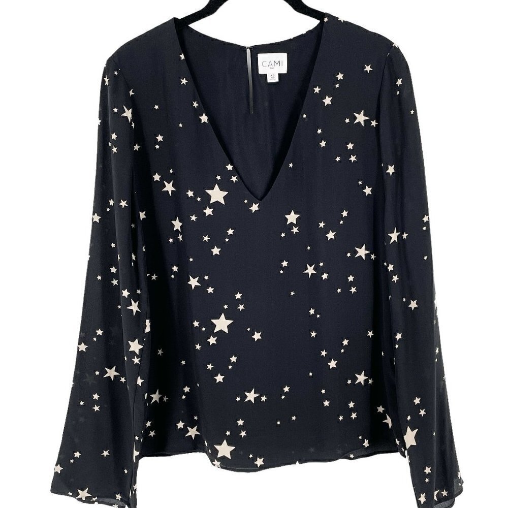 SALE Cami NYC Star Print Black 100% Silk V-Neck Popover Long Sleeve Blouse XS